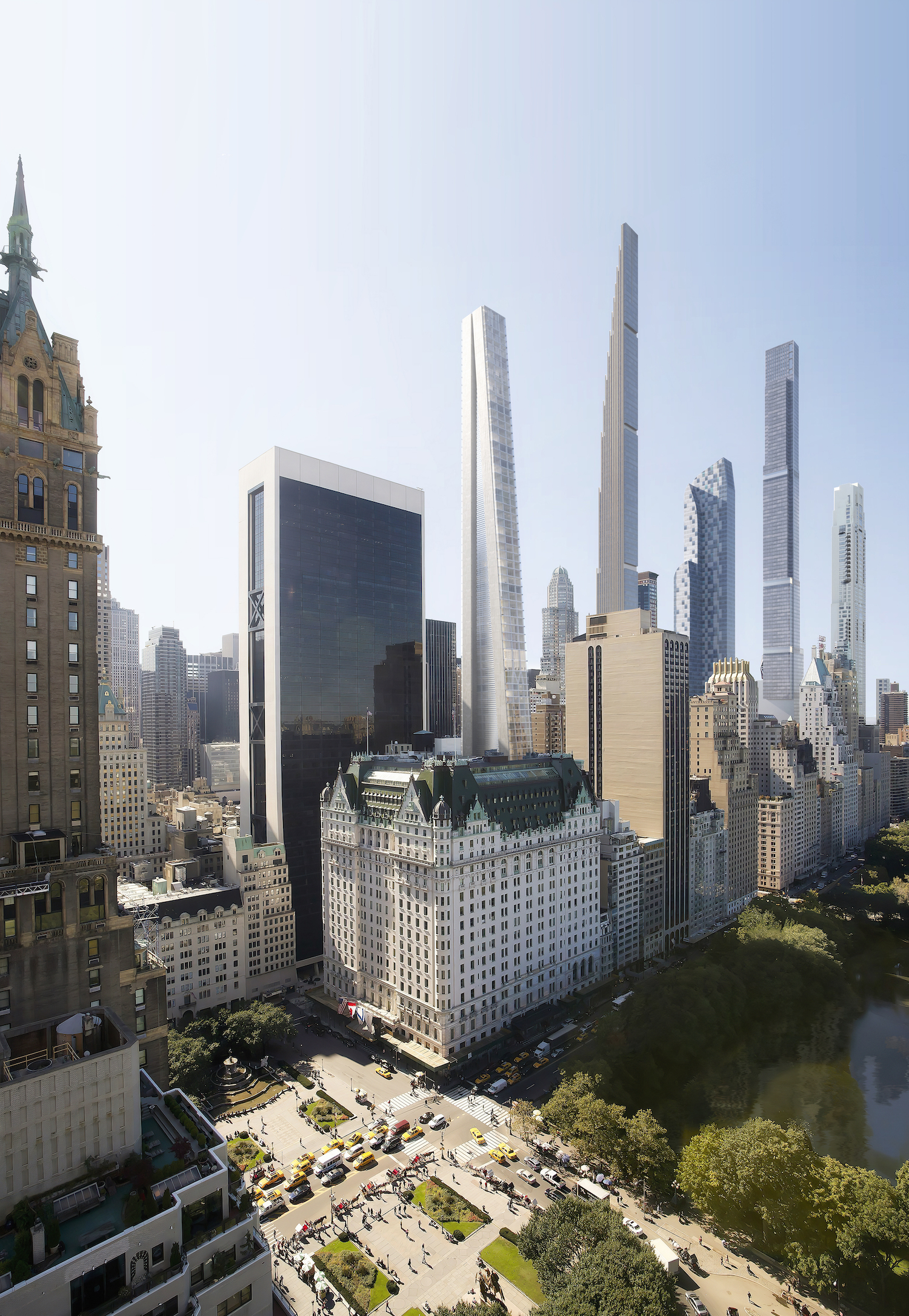 Rendering of 41-47 West 57th Street by OMA, shown here rising behind the Plaza.