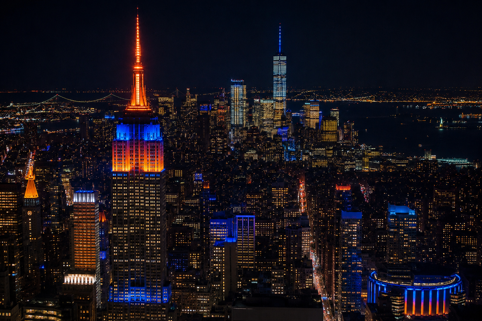 The New York skyline lit in Knicks blue and orange the night of the championship.